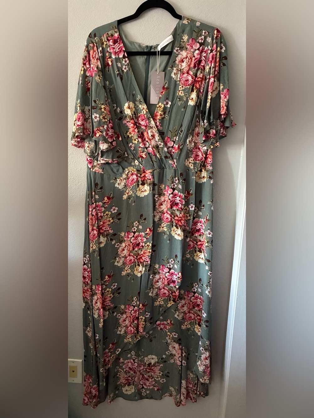 Azaloise Green Floral Faux Wrap Hi Lo Dress with Pink Roses